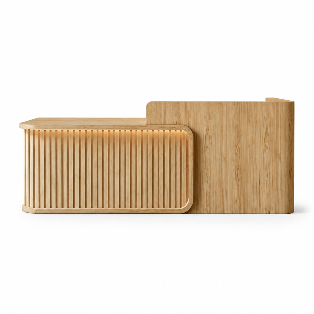 Luxury LED Reception Desk with Fluted Wood Grain Panels and Rounded Edges