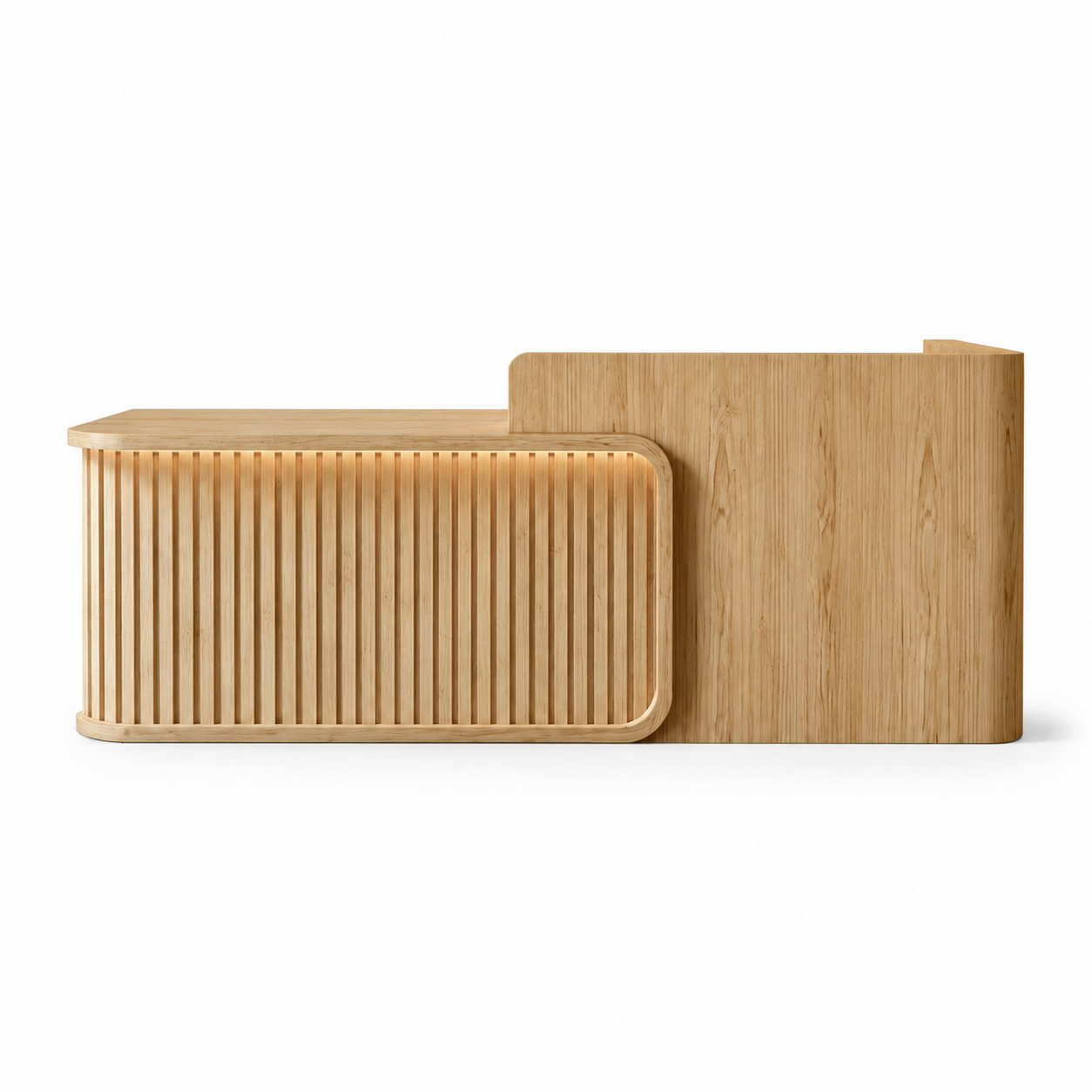 Luxury LED Reception Desk with Fluted Wood Grain Panels and Rounded Edges