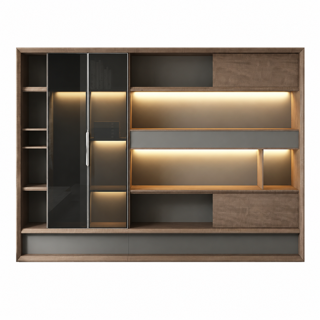 Modern Office Storage Cabinet with Glass Wardrobe and LED Display Shelves