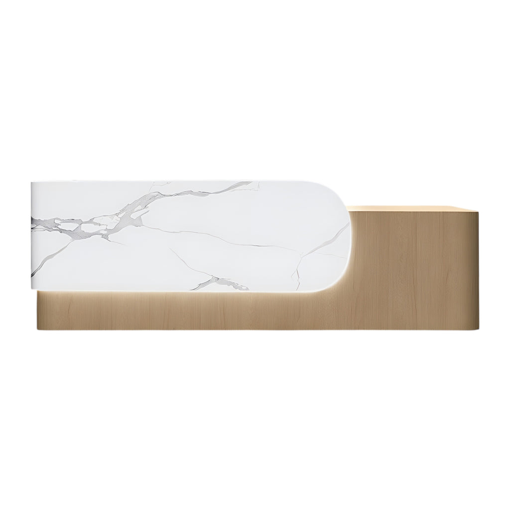 Elegant Reception Counter with Curved White Marble Front and Integrated Lighting for Entryways