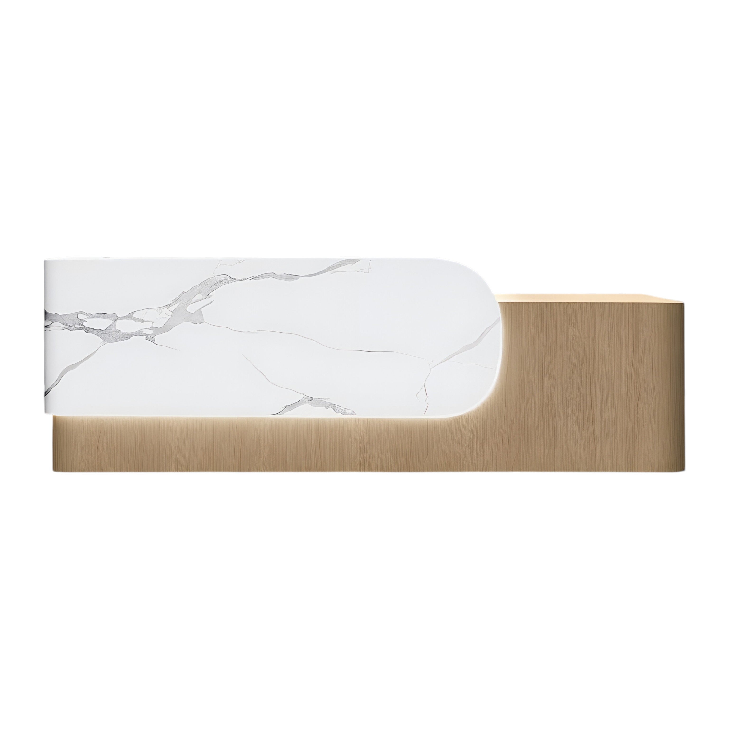 Elegant Reception Counter with Curved White Marble Front and Integrated Lighting for Entryways