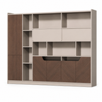 Modern Timber Storage Cabinet with Open Shelves and Glass Display