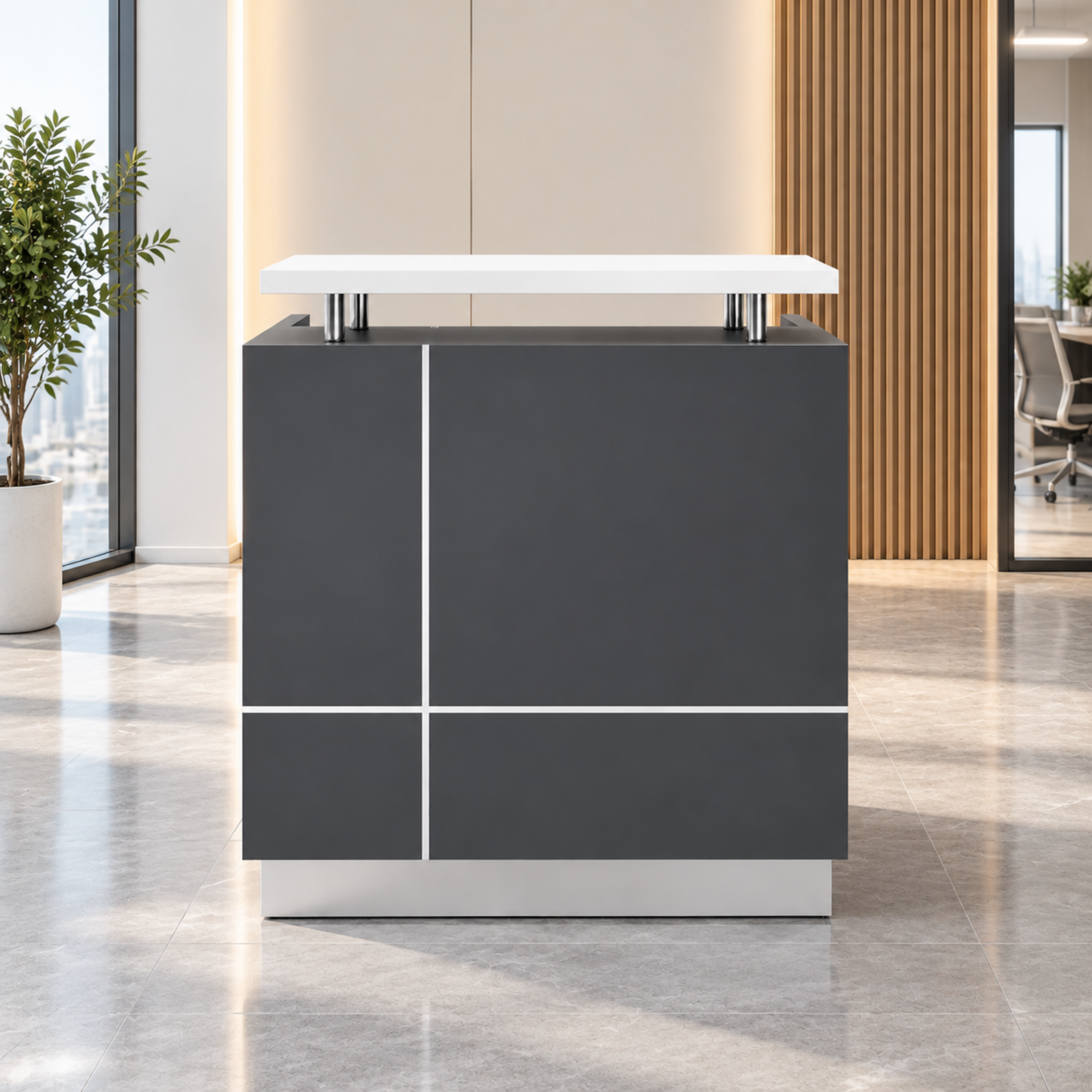 Modern Compact Reception Counter with Raised White Transaction Top