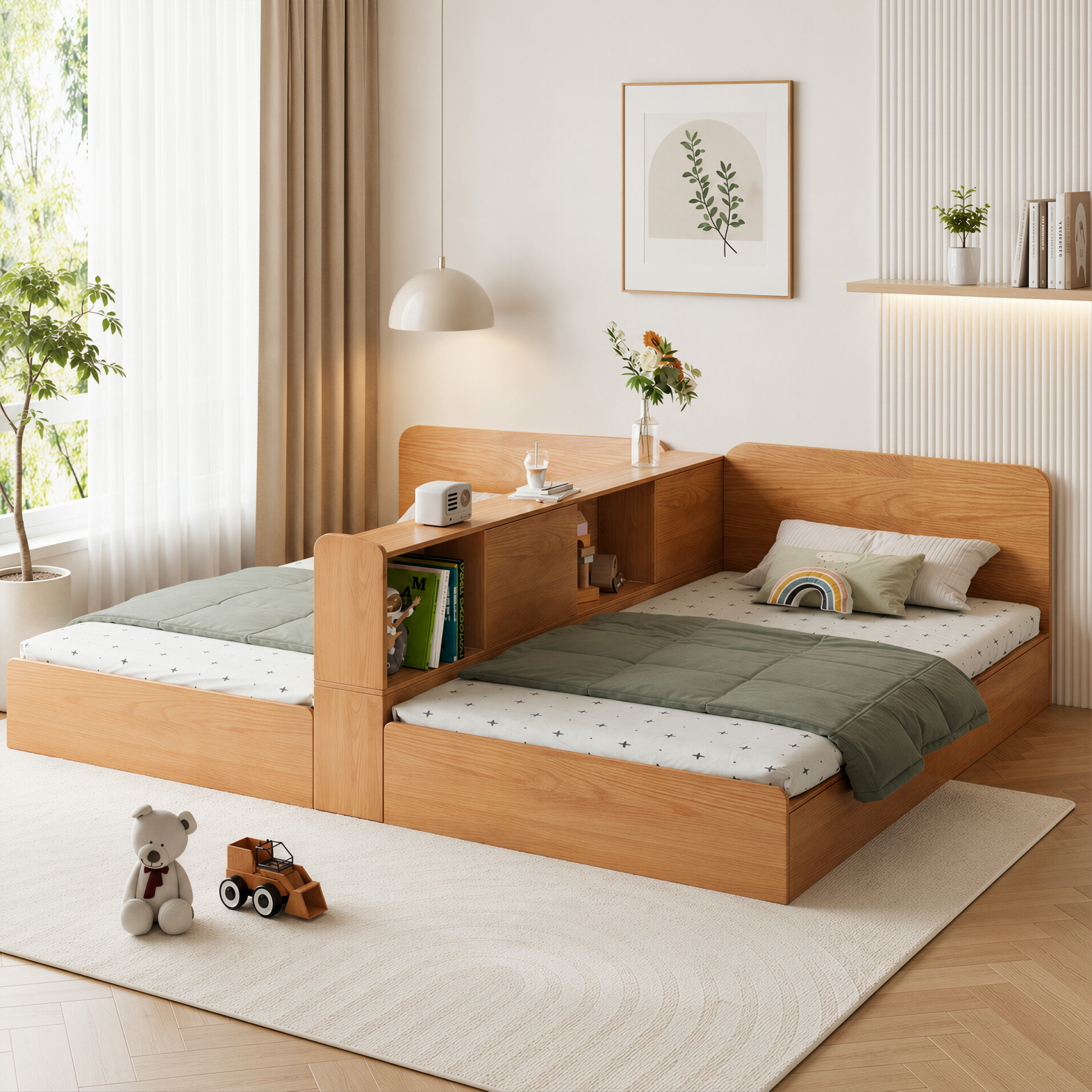 Natural Timber Twin Storage Bed with Divider Shelf