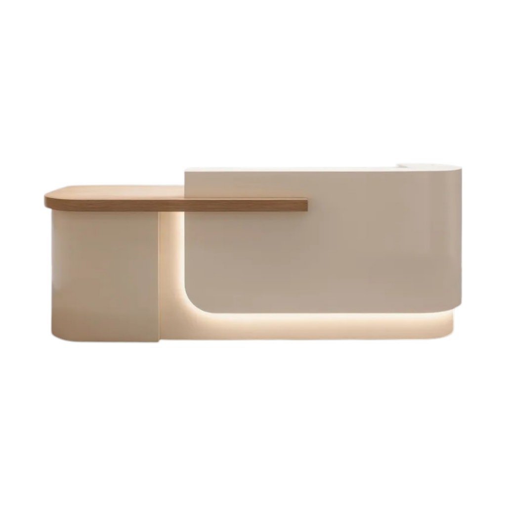 Modern Curved Reception Desk with Return Counter and Timber-Look Side Panel