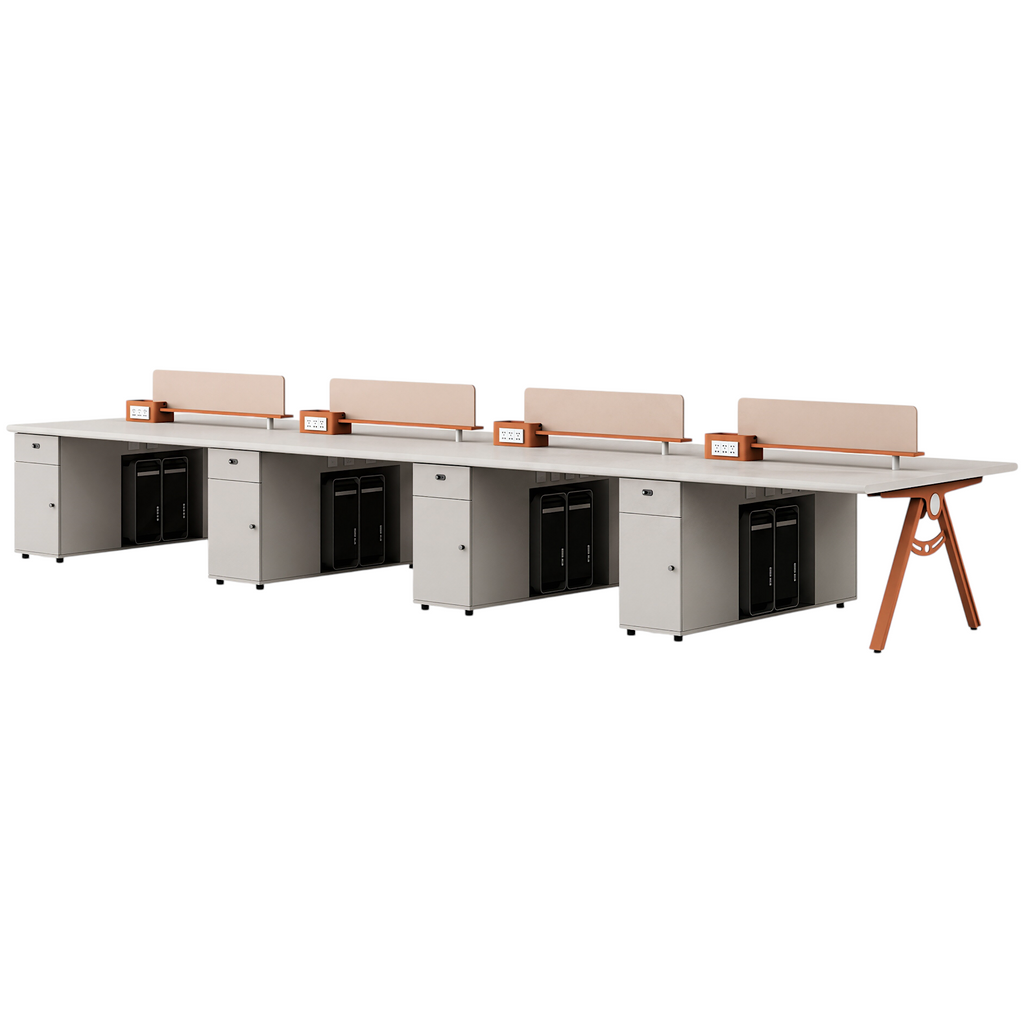 Streamlined Office Bench Desk with Divider Screen and Integrated Storage Pedestals