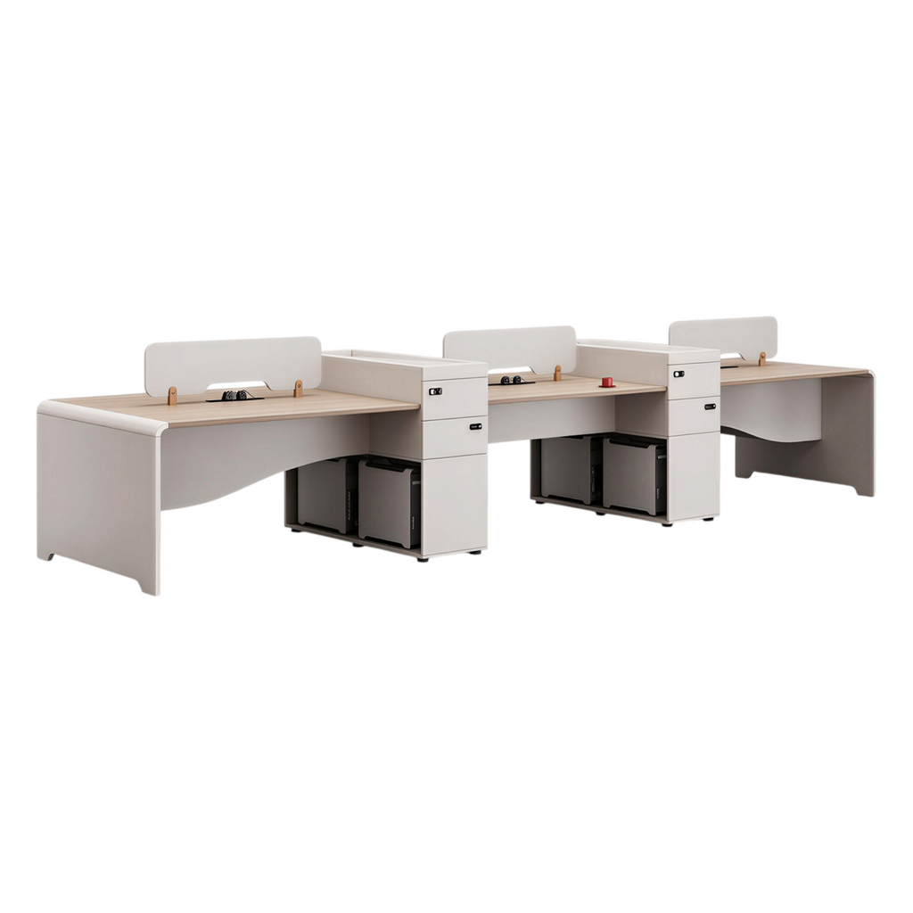 Modern Staff Desk with Curved Privacy Screen & Side Cabinet