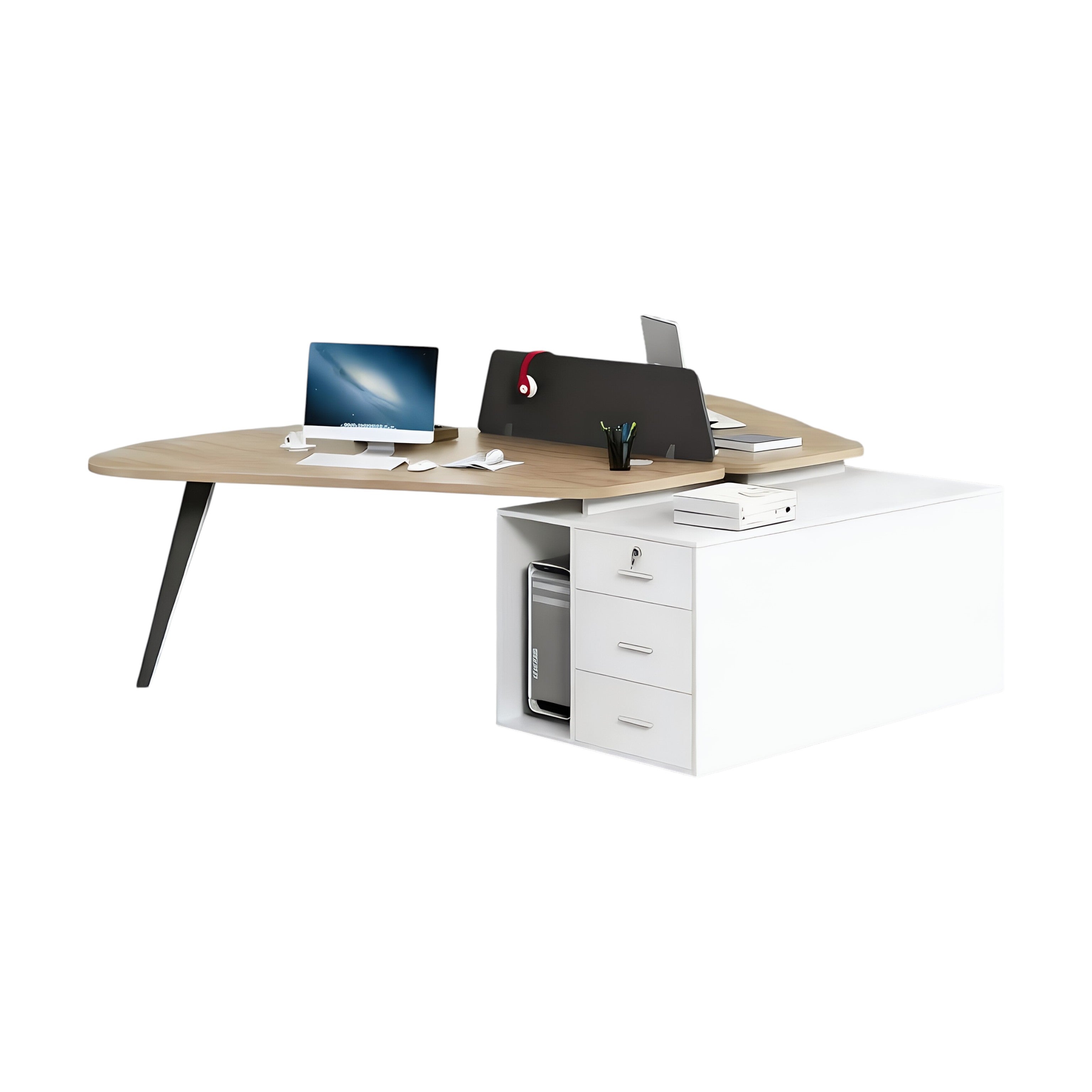 Modern Butterfly-Shaped Office Workstation Desk with Central Storage and Privacy Divider Screen