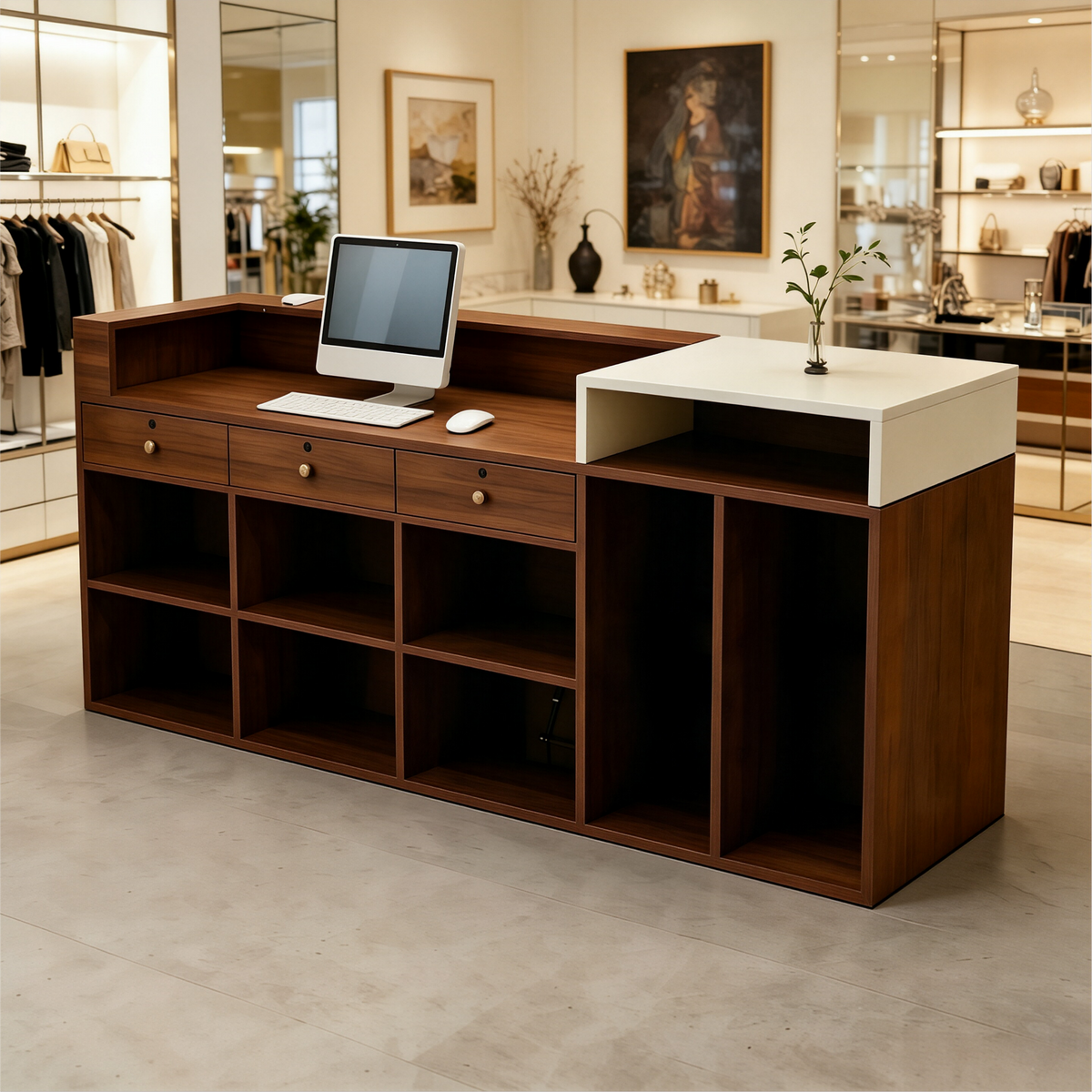 Multi-Functional Corner Reception Desk with Stylish Storage Solutions