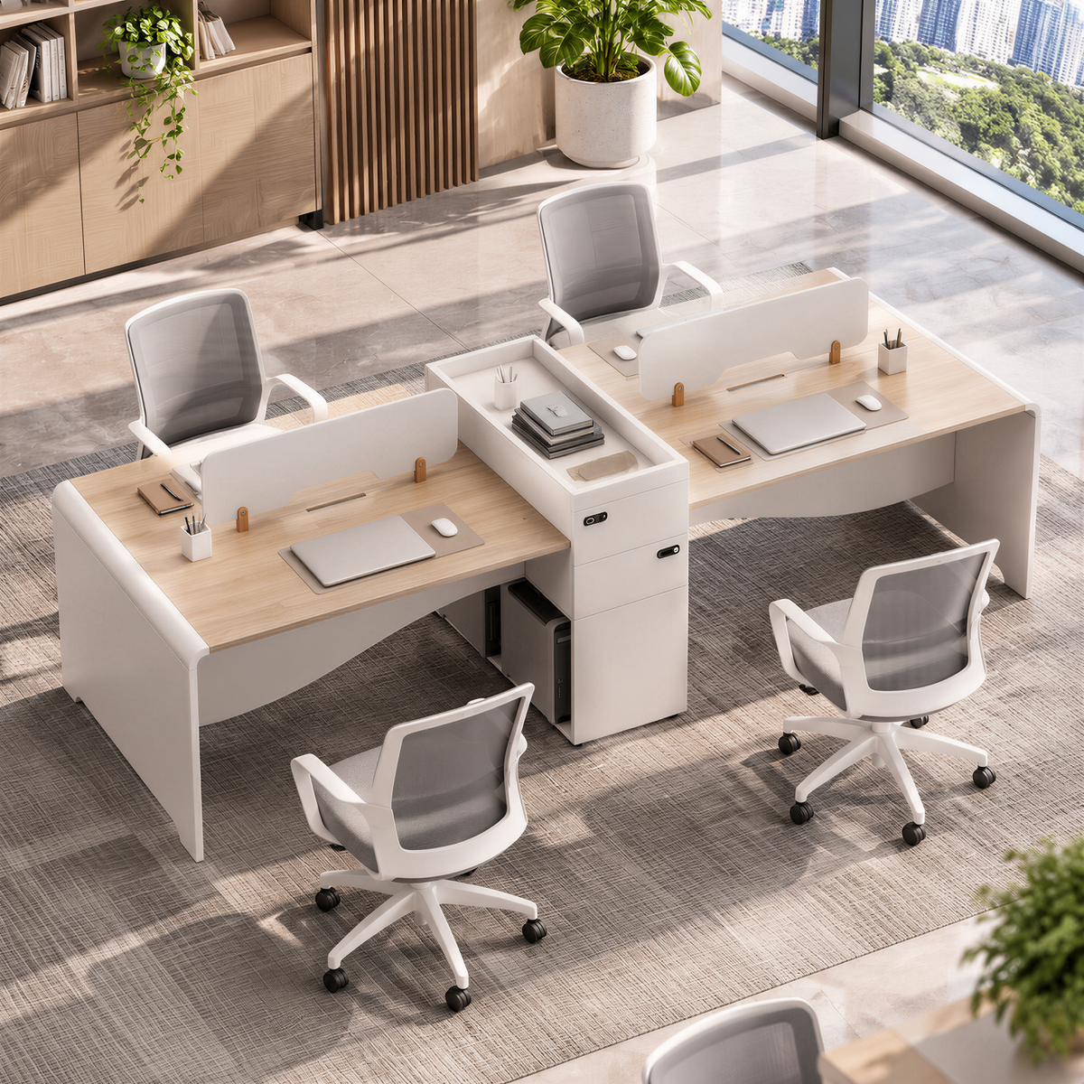 Modern Staff Desk with Curved Privacy Screen & Side Cabinet