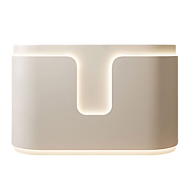 Neutral-Toned Curved Reception Desk with Built-In LED Accent Lighting
