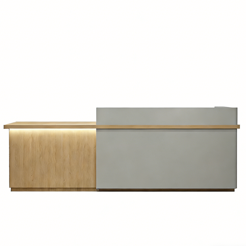 LED Reception Desk with Timber Return and Signage Panel