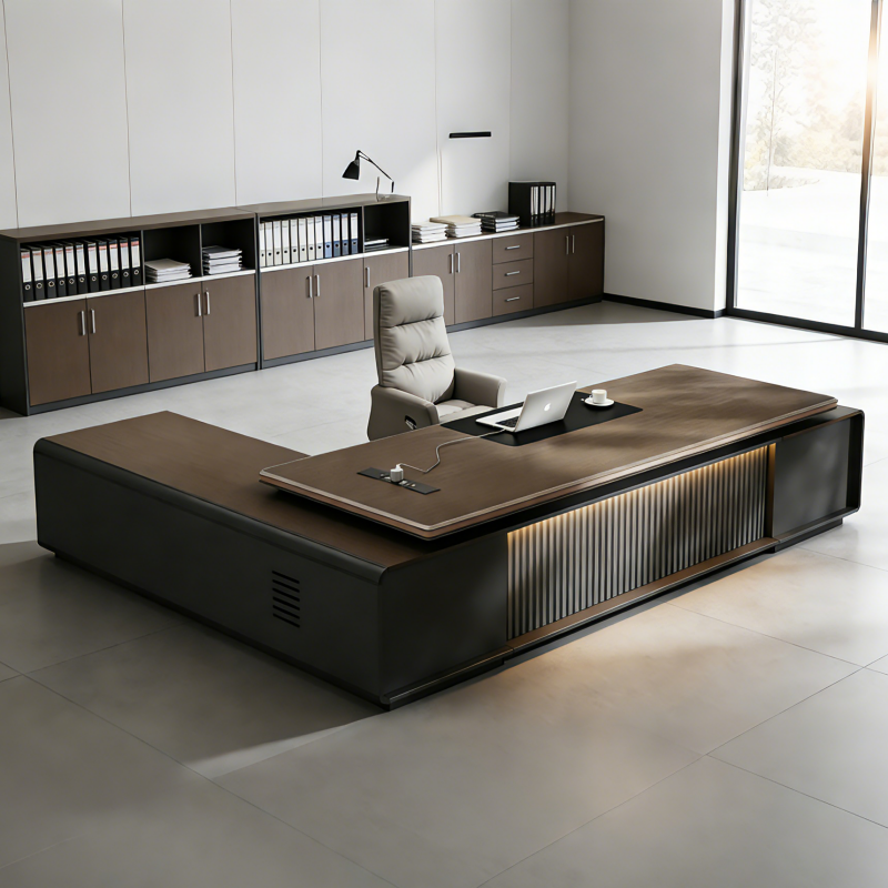 Modern Low-Profile Executive Desk with LED Feature Panel and Integrated Storage