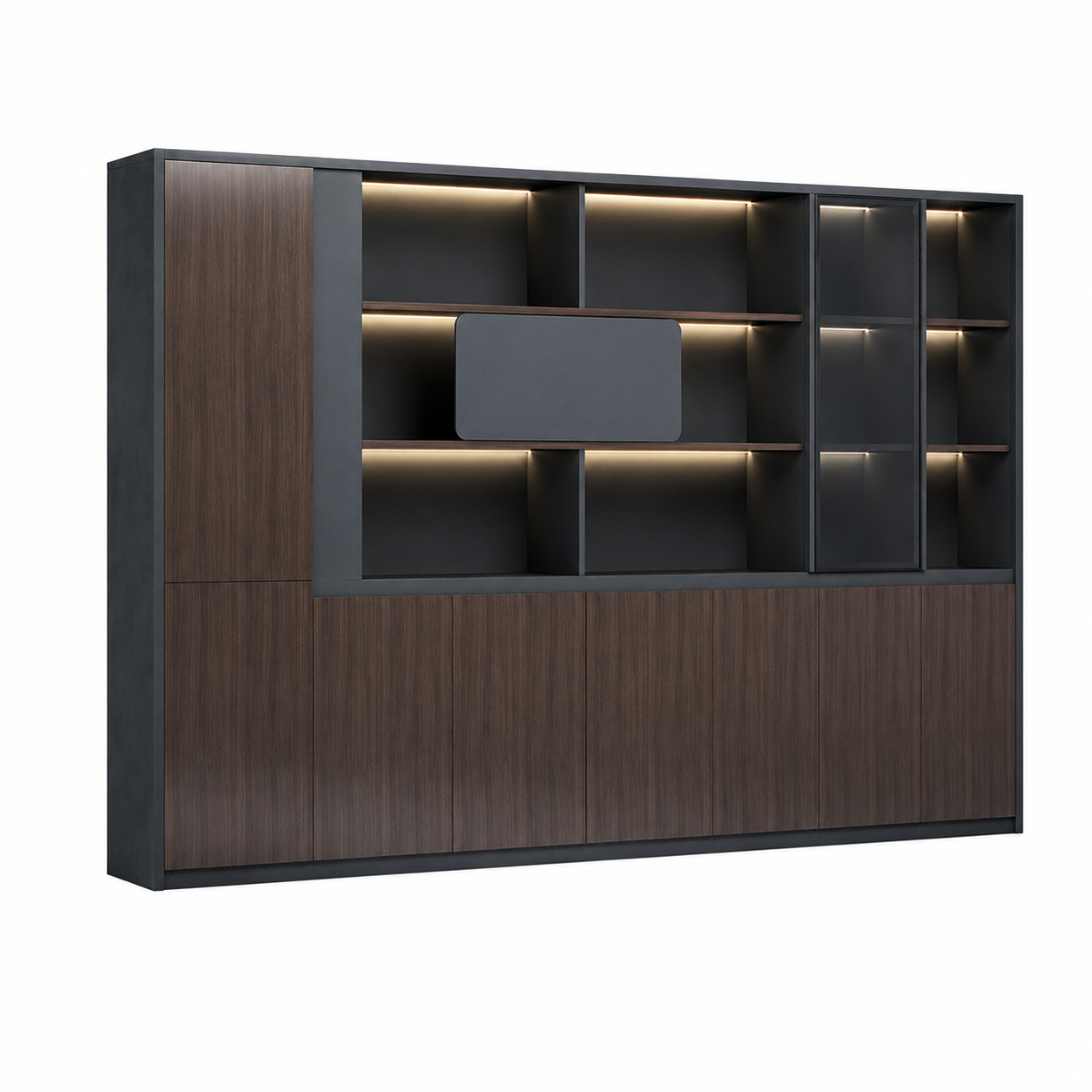 Dark Woodgrain Modern Executive Filing Cabinet with Glass Display Shelving