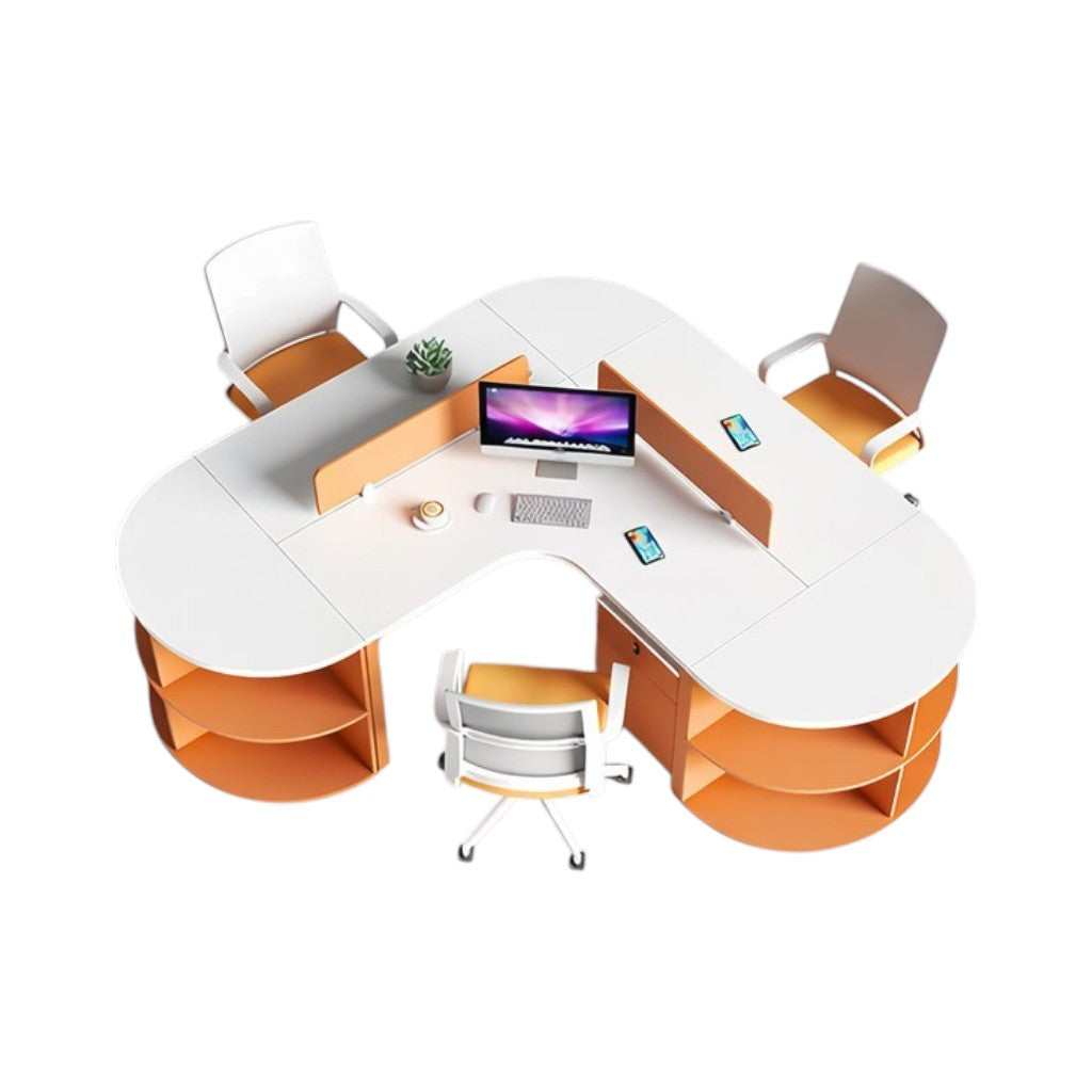 Curved Multi-Person Office Workstation with Divider Panels and Integrated Storage Shelving