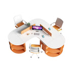 Curved Multi-Person Office Workstation with Divider Panels and Integrated Storage Shelving
