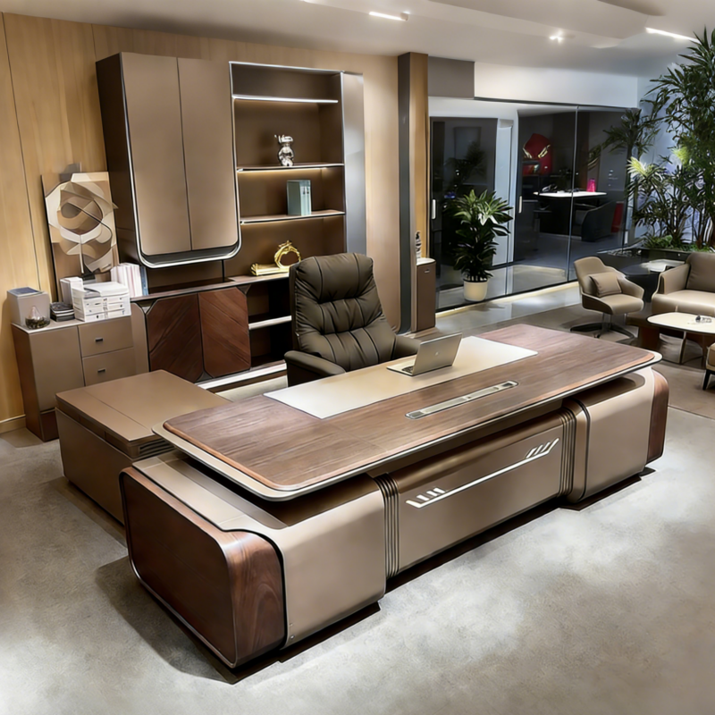 Contemporary Executive Desk with Timber Top, Integrated Side Storage and Cable Access