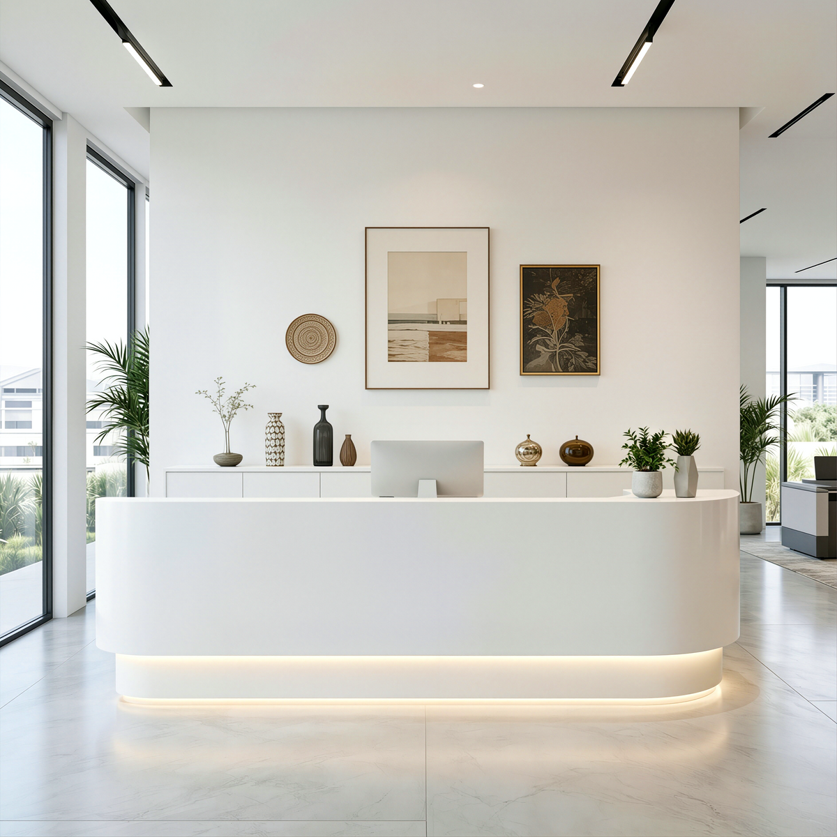 Minimalist Curved Reception Counter with Ambient LED Illumination for Professional Studios and Clinics