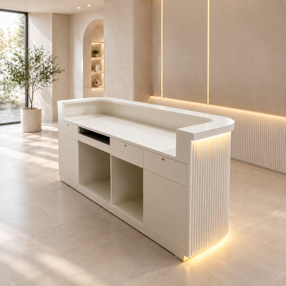 Fluted White Reception Counter for Retail Spaces
