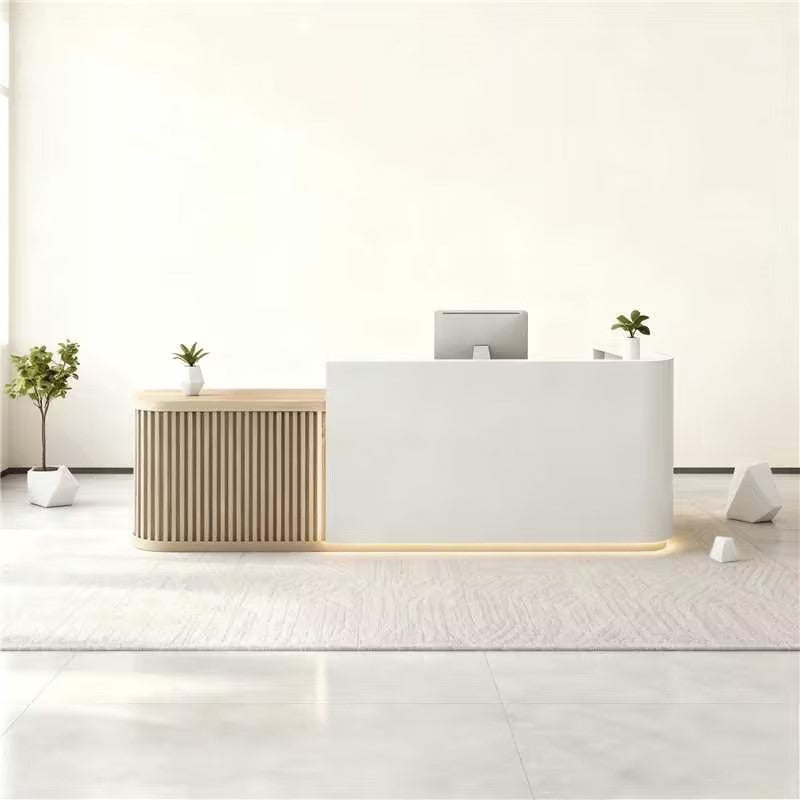 Modern Reception Desk with Natural Timber Slat Accents