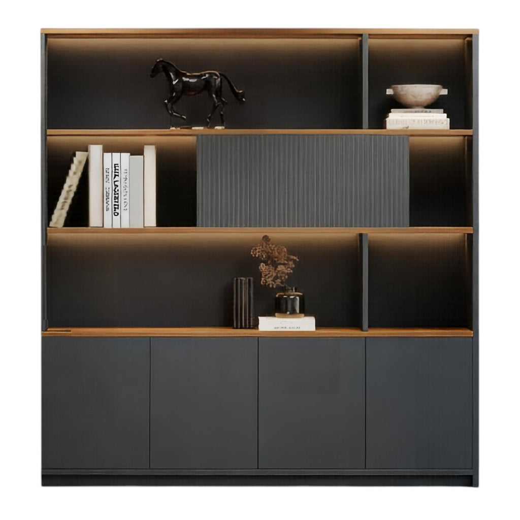 Modern executive office storage wall system with LED display shelves and closed cabinets