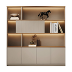 Office display storage wall cabinet with integrated lighting and modern shelving design