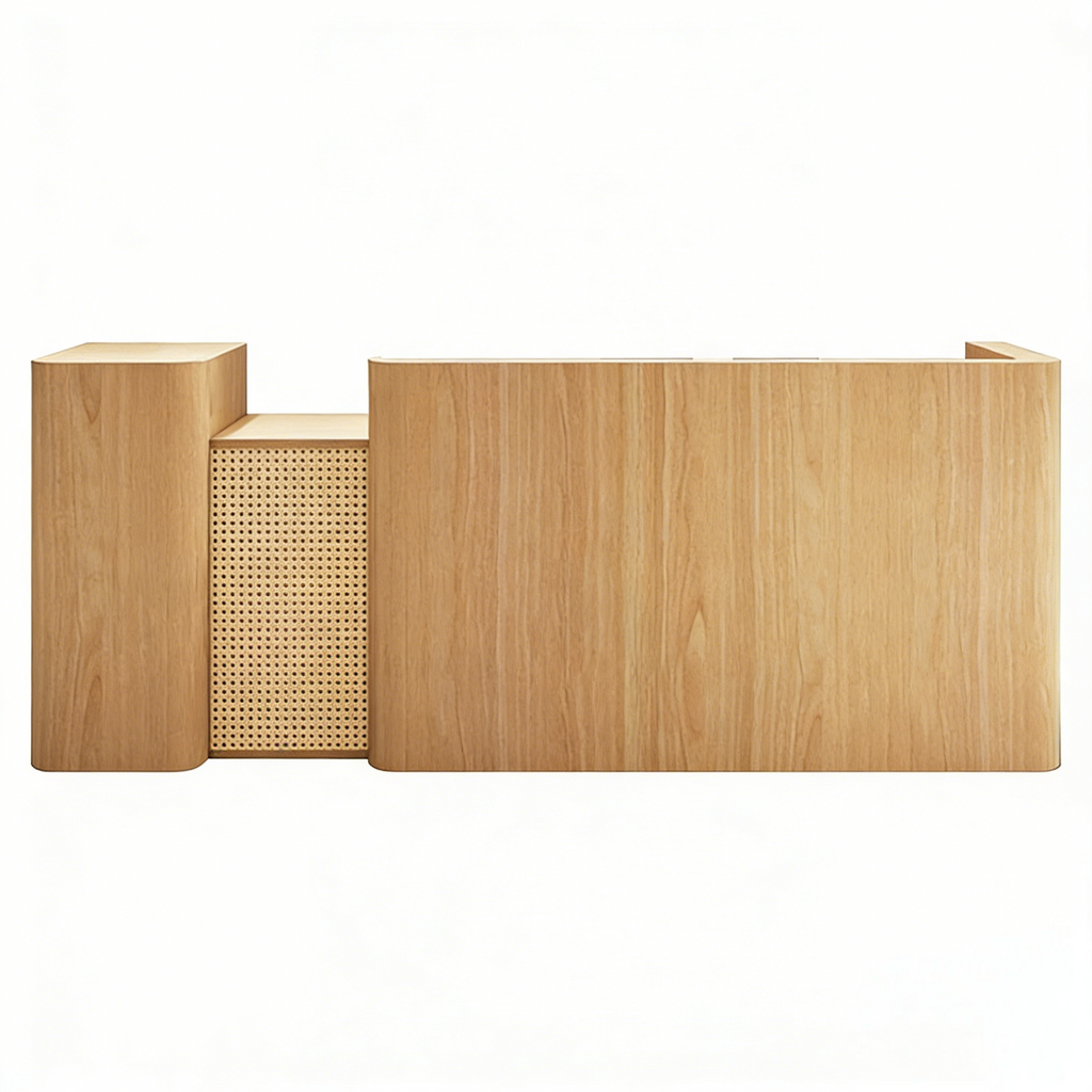 Modern Timber Reception Counter with Rattan Front Panel