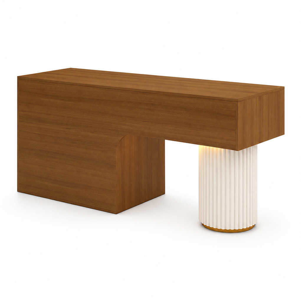 Travertine-Look Reception Desk with Fluted Column and LED Accent