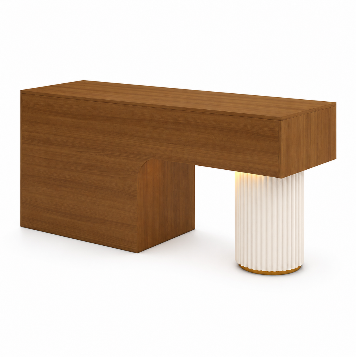 Travertine-Look Reception Desk with Fluted Column and LED Accent