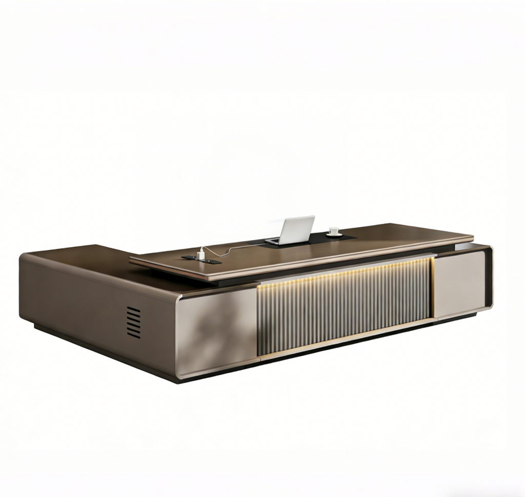Modern Low-Profile Executive Desk with LED Feature Panel and Integrated Storage