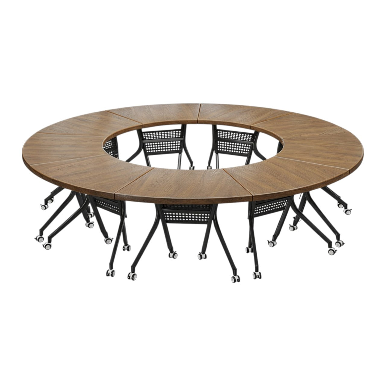 Modular Circular Meeting Table System with Mobile Folding Legs for Collaborative Office Spaces