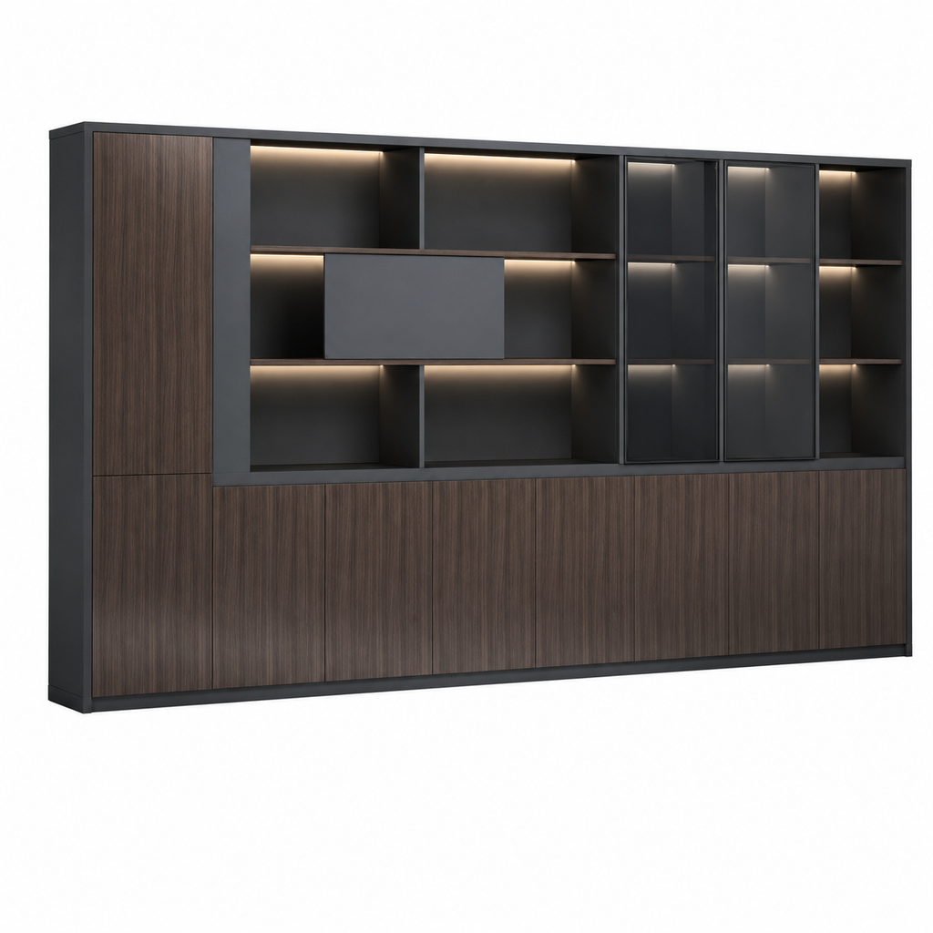 Dark Woodgrain Modern Executive Filing Cabinet with Glass Display Shelving