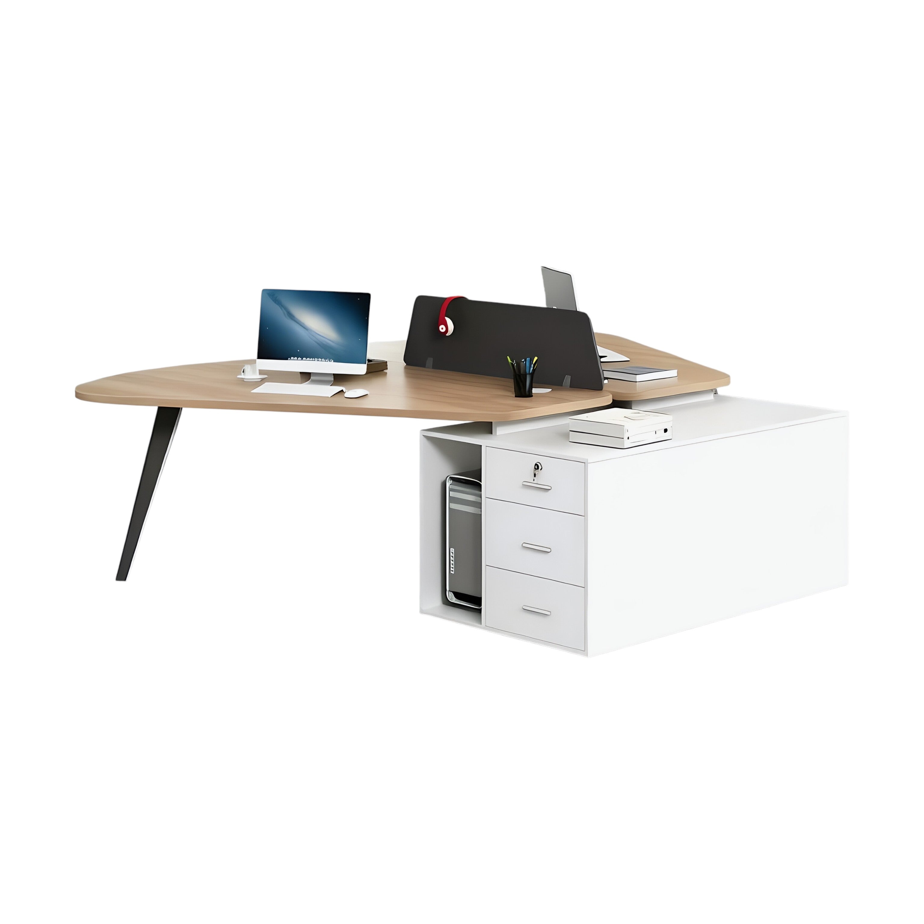 Modern Butterfly-Shaped Office Workstation Desk with Central Storage and Privacy Divider Screen