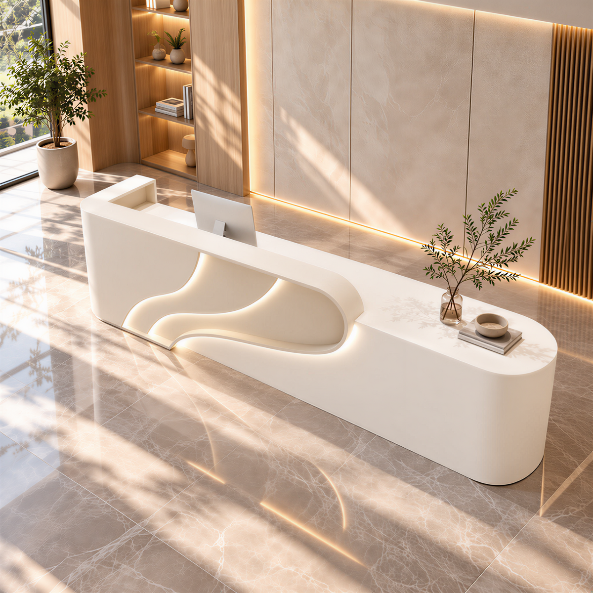 Modern Reception Counter with Sculptural Wave Design and Custom Finishes