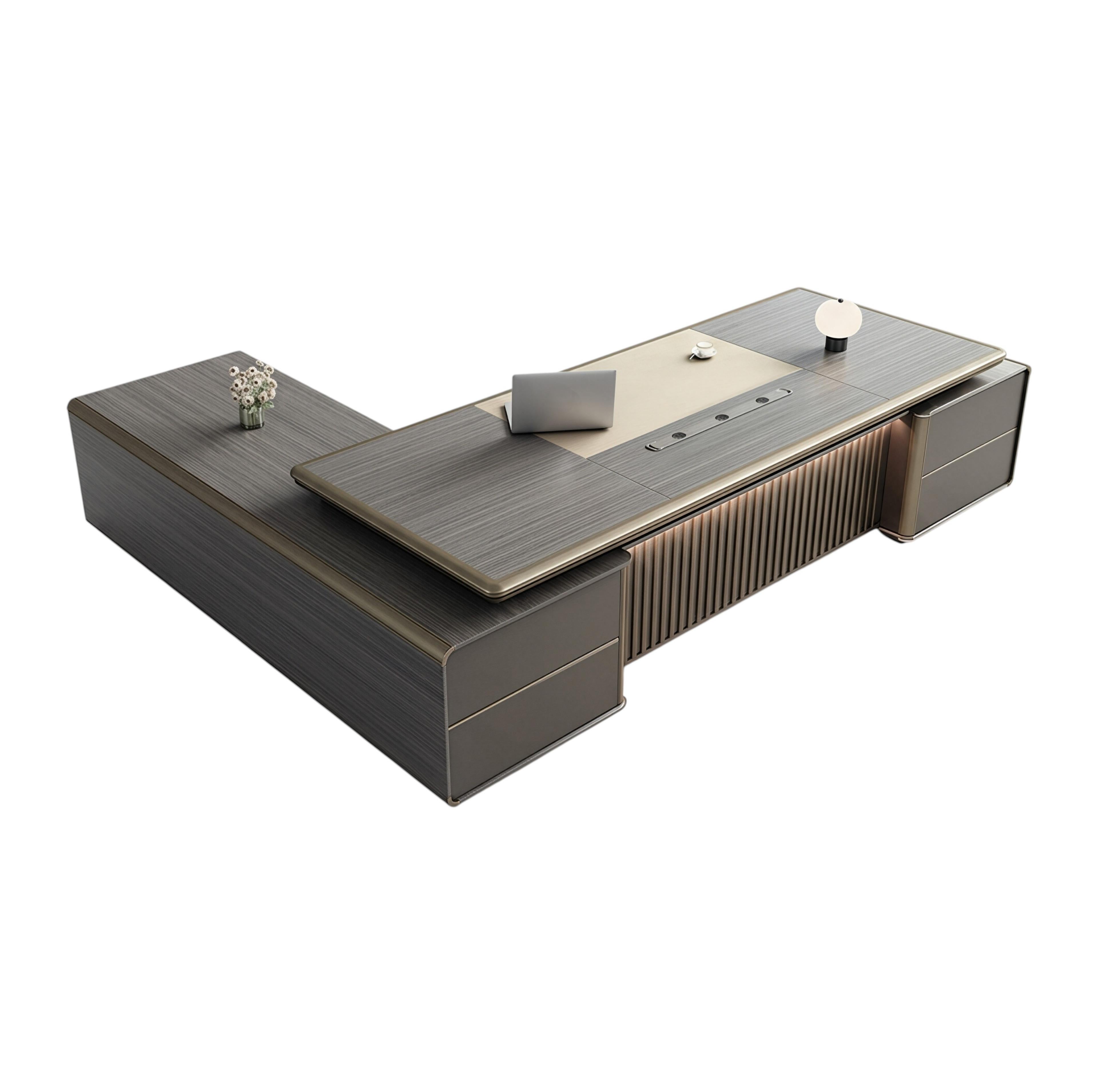 Premium Executive Office Desk with Voice-Controlled LED Lighting and Statement Side Storage