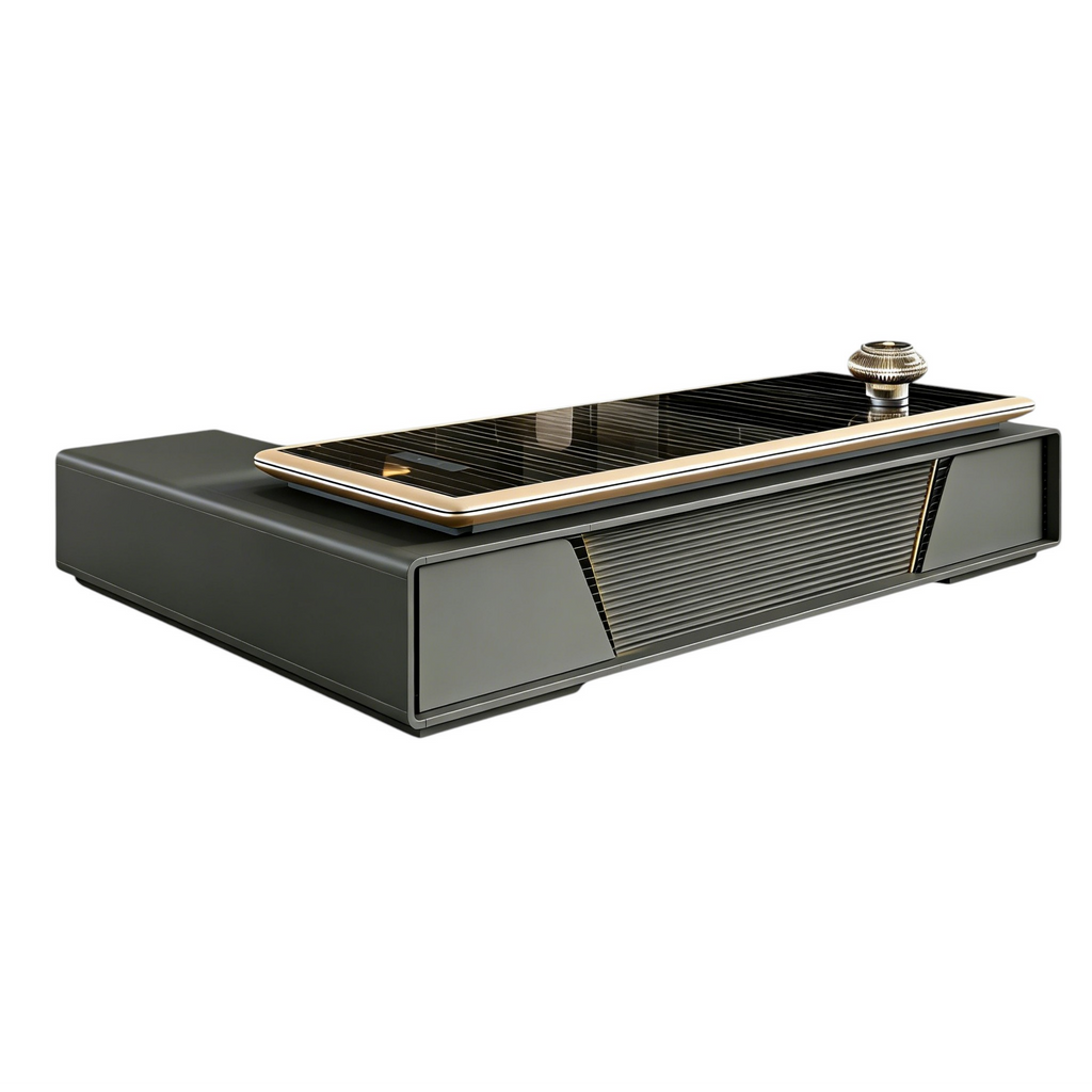 Luxury Black Glass-Top Executive Desk with Lift Side Table and Fluted Front Panel