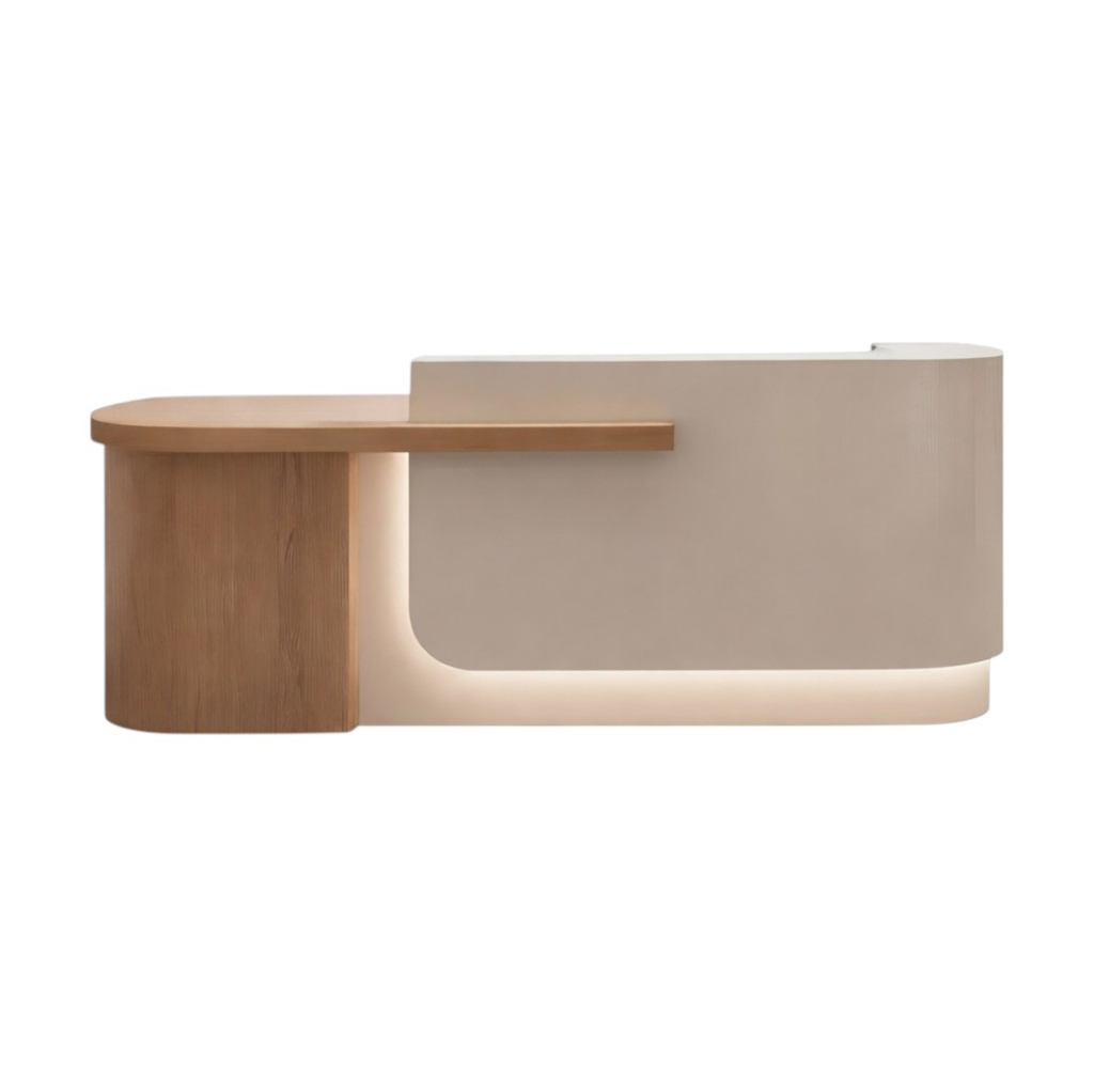 Modern Curved Reception Desk with Return Counter and Timber-Look Side Panel