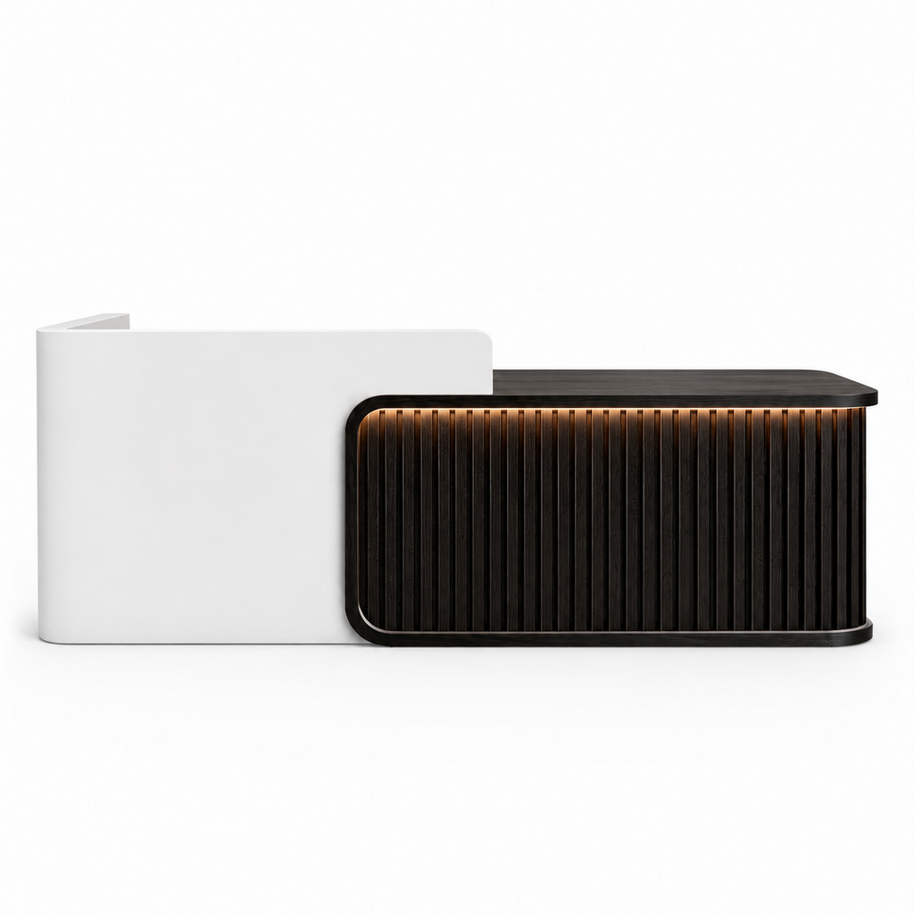 Luxury LED Reception Desk with Fluted Wood Grain Panels and Rounded Edges