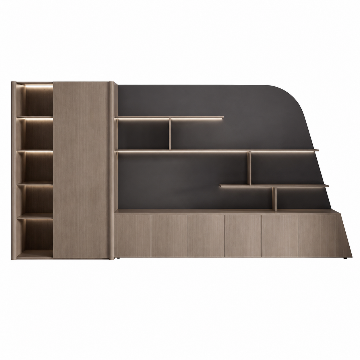 Curved Display Filing Cabinet with Integrated Wardrobe Storage