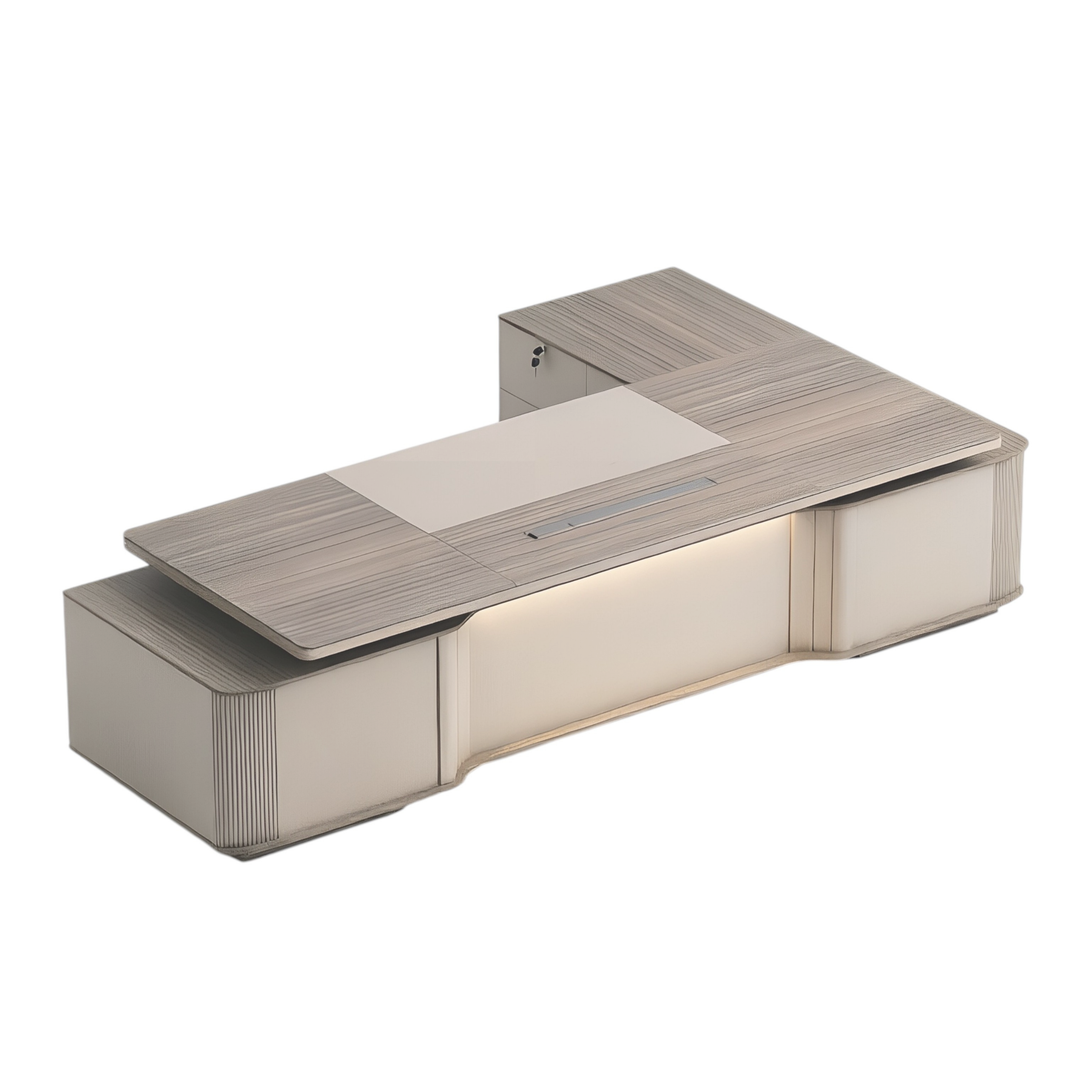 Executive Floating L-Shape Stone Grey Office Desk with Integrated LED Lighting and Storage