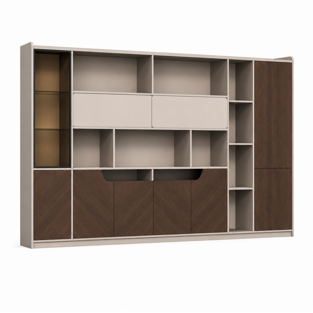 Modern Timber Storage Cabinet with Open Shelves and Glass Display