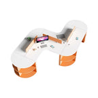 Curved Multi-Person Office Workstation with Divider Panels and Integrated Storage Shelving
