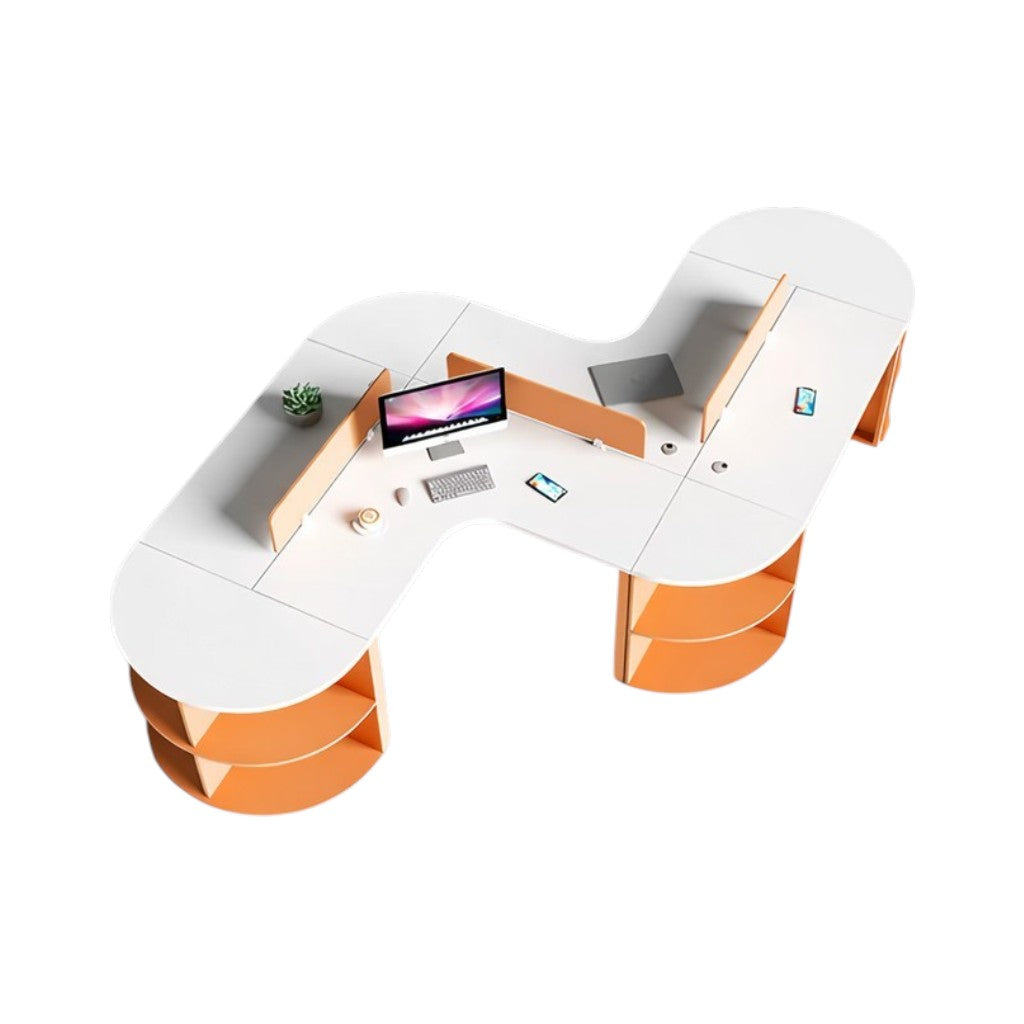 Curved Multi-Person Office Workstation with Divider Panels and Integrated Storage Shelving