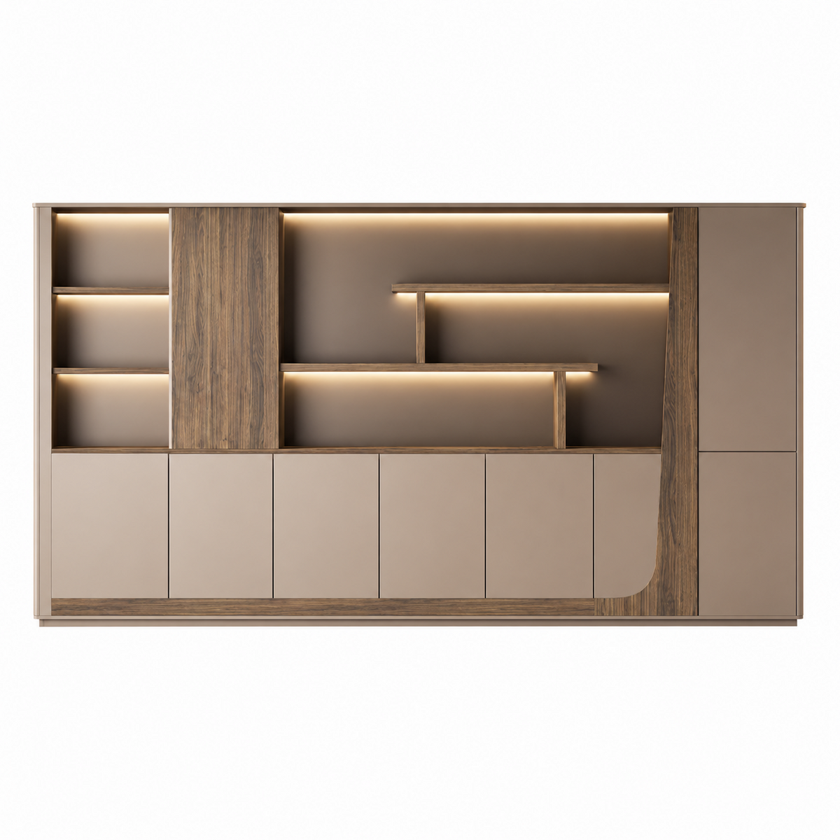 Modern Storage Wall Unit with LED Lighting, Hidden Wardrobe and Push Open Cabinets