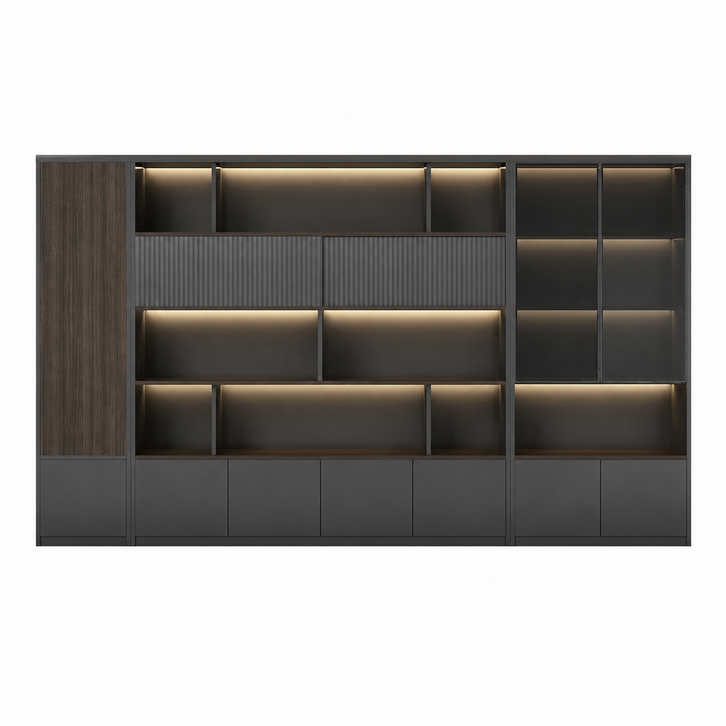 Dark Woodgrain Office Storage Suite with Fluted Panel Doors