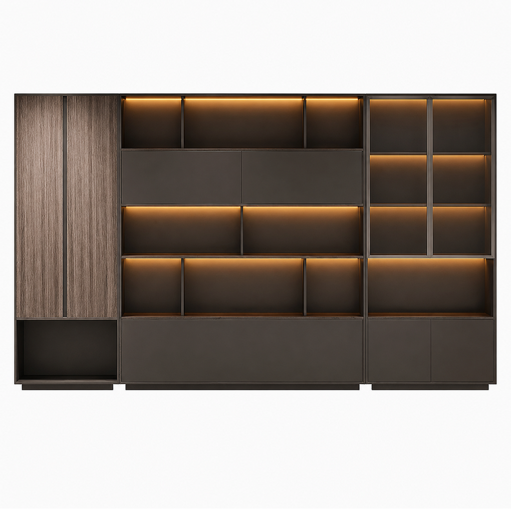 Executive Storage Wall Unit with LED Shelving and Wardrobe