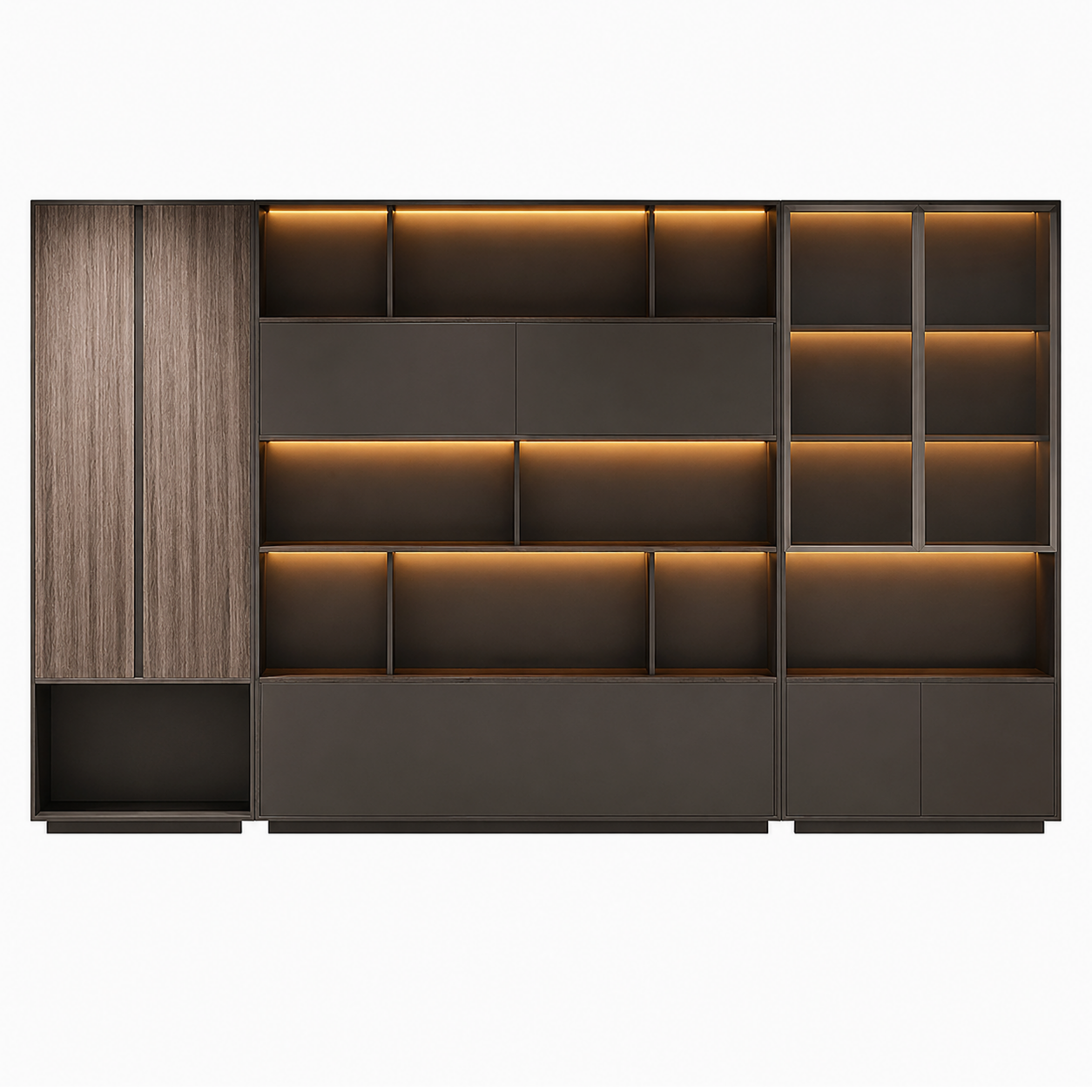 Executive Storage Wall Unit with LED Shelving and Wardrobe