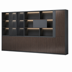 Dark Woodgrain Modern Executive Filing Cabinet with Glass Display Shelving
