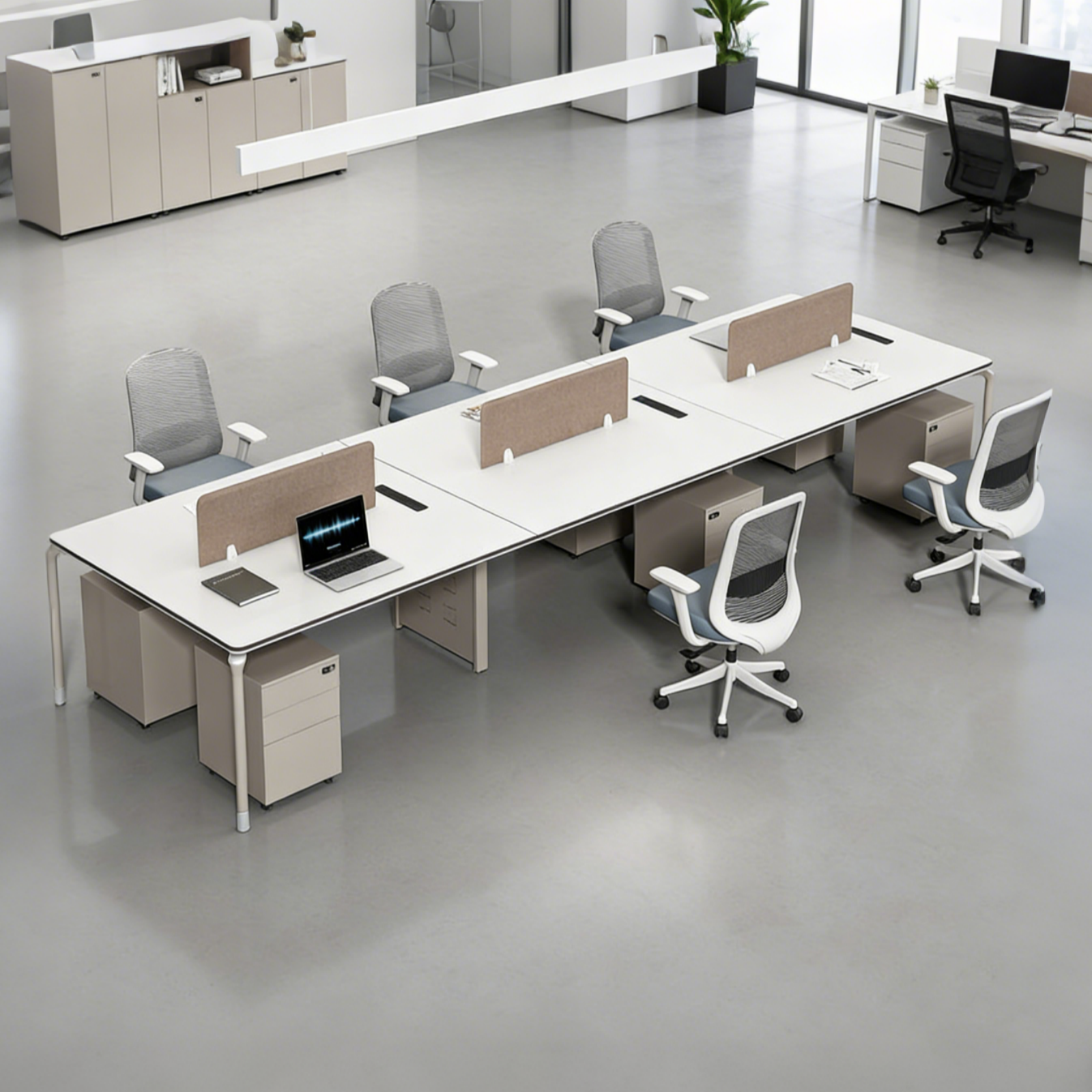 Bench Workstation Desk with Privacy Screens and Mobile Pedestals