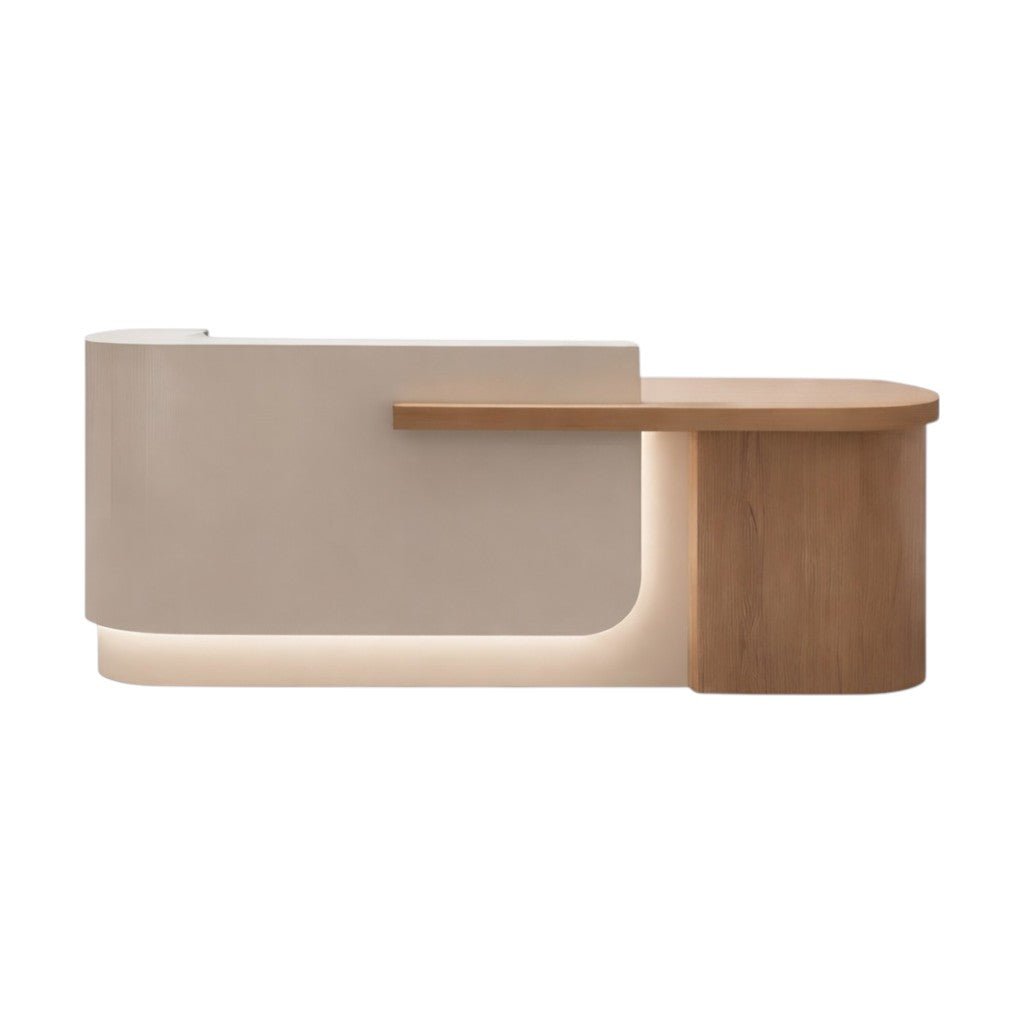 Modern Curved Reception Desk with Return Counter and Timber-Look Side Panel